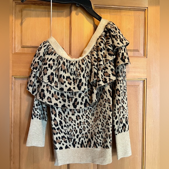 FRAME One Shoulder Ruffle Leopard Print Sweater - Picture 2 of 3